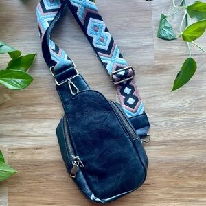 Black Leather Crossbody with Geometric Strap